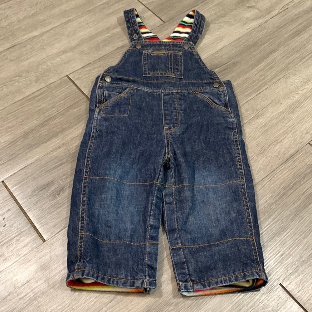 GAP Striped Fleece Lined Snap Legs Denim Overalls size 18-24months